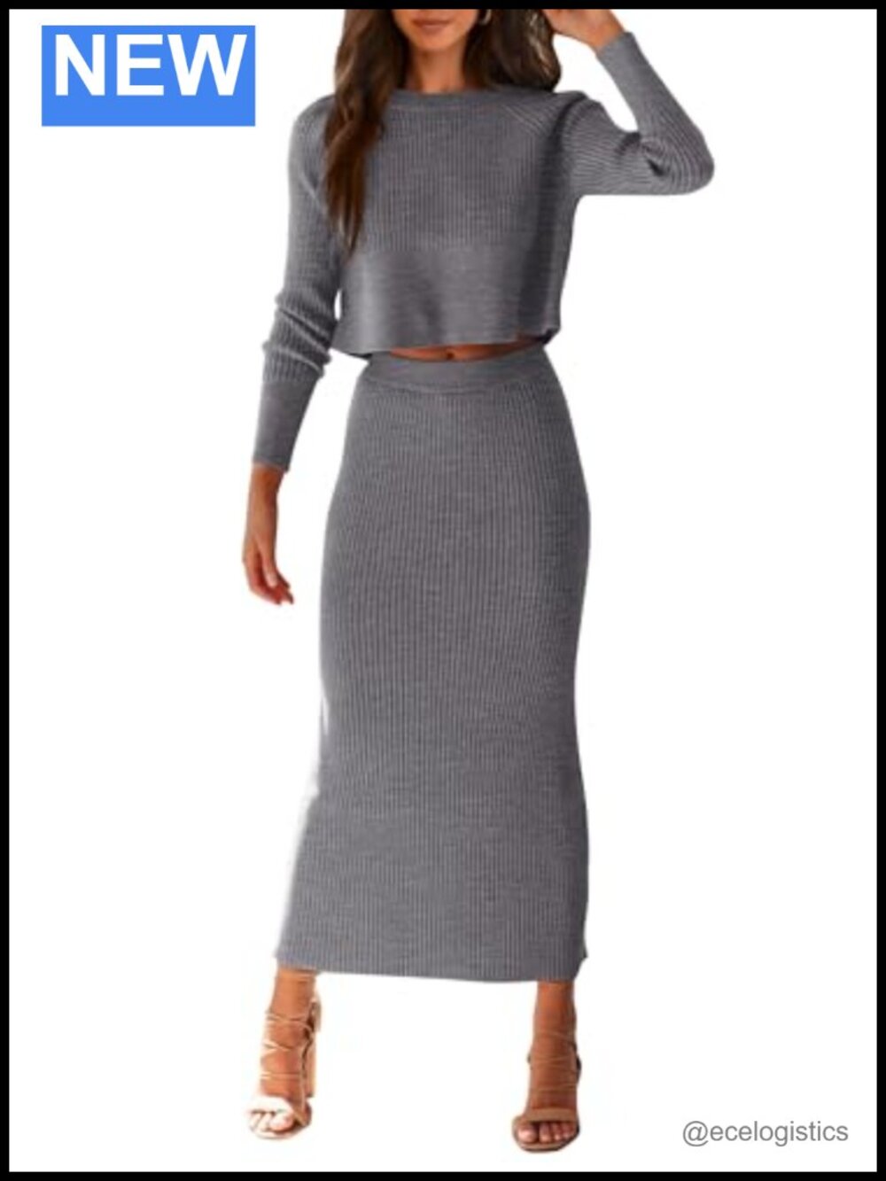Women's 2 Piece Rib Knit Sweater Set, Long Sleeve Crop Top & Bodycon Maxi Skirt